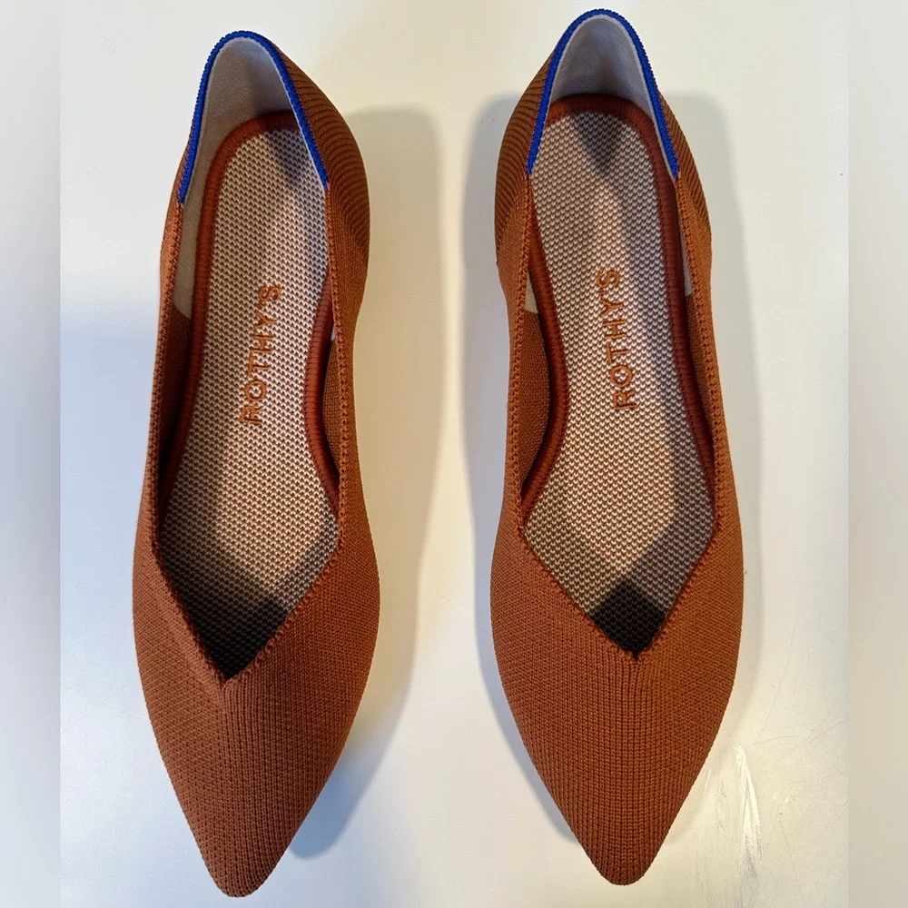 Rothy's Rust Brown Pointed Knit Flats with Blue Trim - Picture 1 of 7